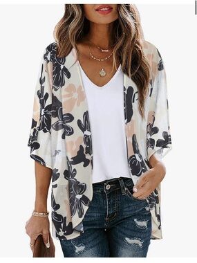 NWOT ChicGal Floral Open-Front Kimono Cardigan in Black, Cream & Blush